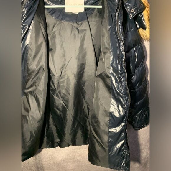Madden Girl Shinny Puffer Jacket Women Navy Fur Hooded Winter Coat Size Medium - Picture 8 of 8